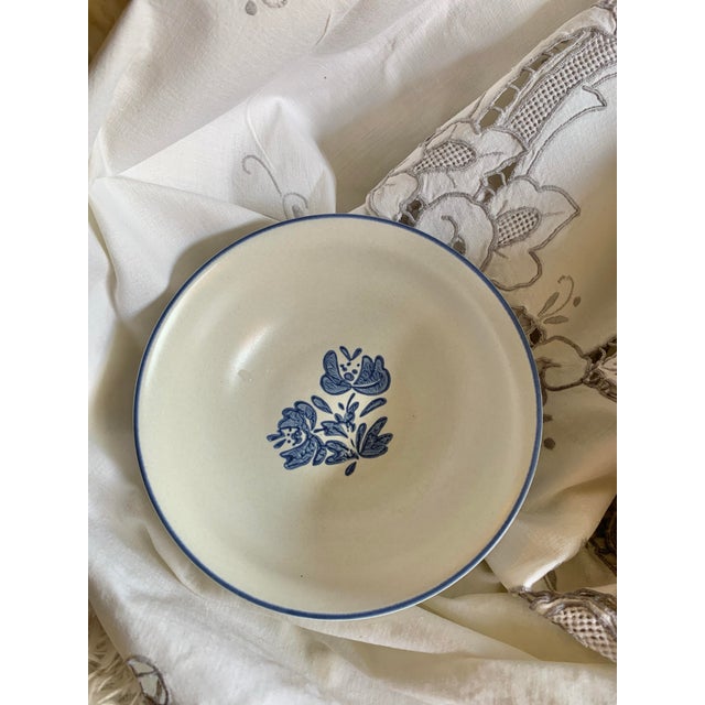 Tan Vintage Pfaltzgraff Yorktowne Classic Blue Floral on Tan Stoneware Usa Made Saucer and Mug /Cup / Soup /Bowl Set- 10 Pieces For Sale - Image 8 of 12