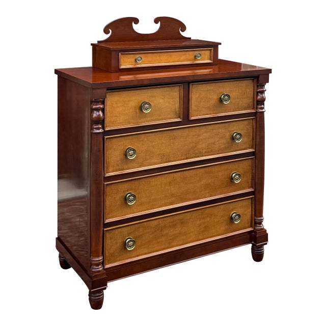 Late 20th Century Sheraton Mahogany and Tiger Maple 5 Drawer Chest With Dresser Top Box For Sale
