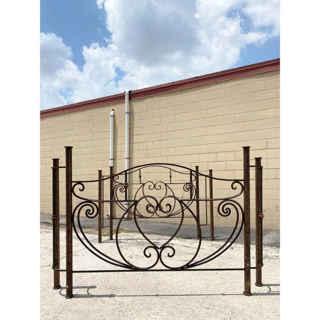 Scrolled Art Nouveau Style Iron Queen Bed For Sale - Image 4 of 11
