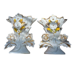 Pair of Early 20th Century Old Paris Spill Vases With Applied Florals. For Sale