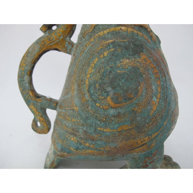 Early 20th Century Chinese Archaic Bird Bronze Ware Gold Toad Accent Ritual Wine Vessel Pitcher For Sale - Image 5 of 18