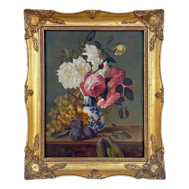 Still Life with Roses and Fruits, 1950s, Oil Painting on Canvas, Framed For Sale