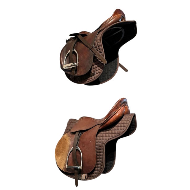 Mid 20th Century Set of Four Vintage American Jump Saddles on Racks For Sale - Image 5 of 12