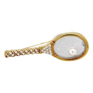 Vintage Bicolor Gold, Diamond and Cultured Pearl Tennis Racquet Brooch, 18k For Sale