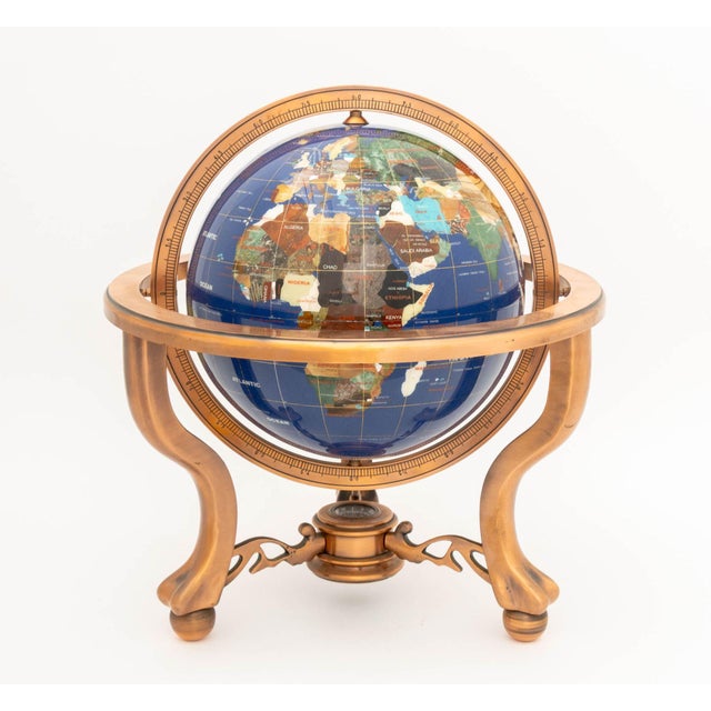 Modern Modern Semi-Precious Stone Inlaid Revolving Globe on Copper Stand For Sale - Image 3 of 15