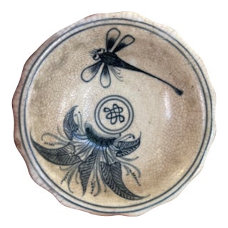 Vintage Vietnamese Ceramic Tea Bowl With Hand-Painted Dragonfly and Botanical Motif. For Sale