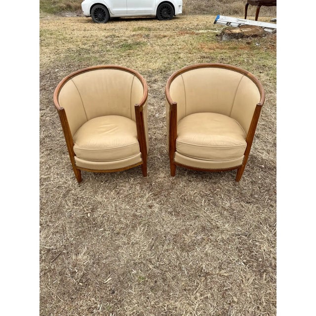 Art Deco 1940s French Art Deco Leather Solid Mahogany Barrel Back Club Chairs - A Pair For Sale - Image 3 of 12