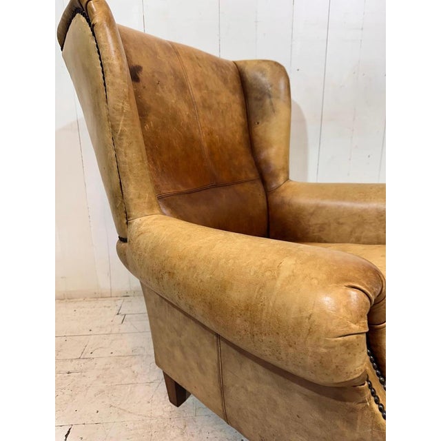 Wood Vintage Leather Hotel Wingback Lounge Armchair, 1980 For Sale - Image 7 of 18