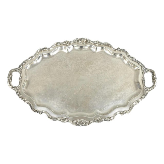 Antique Wallace Baroque Large 28" Silver Plated Serving Bar Tray W/ Handles For Sale