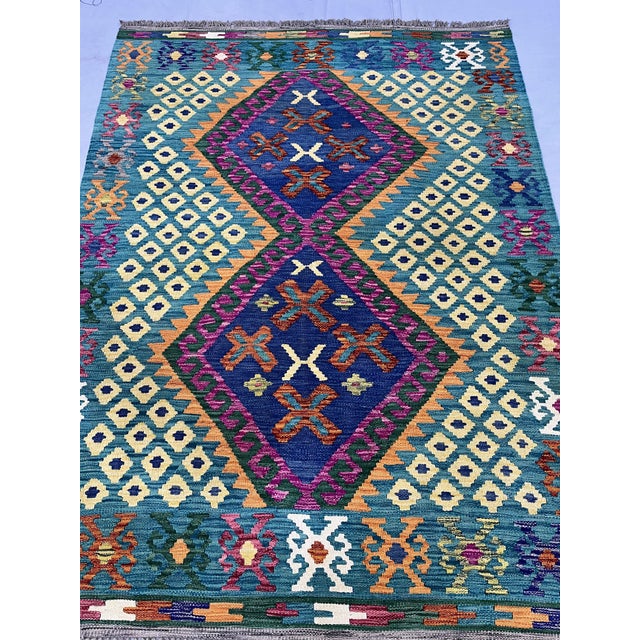 Art Deco 4'5" X 5'10" Green Afghan Chobi Kazak Geometric Wool Flatweave Kilim Rug For Sale - Image 3 of 16