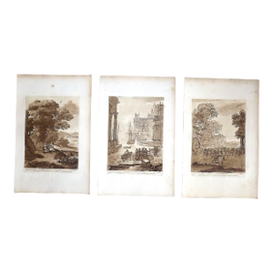 Authentic Antique 18th Century Claude Lorrain "Liber Veritatis" Sepia Pastoral & Harbor Scene Mezzotints - Set of 3