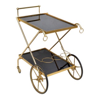 Maison Jansen French Neoclassical Brass Bar Cart Black Mirror Glass For Sale