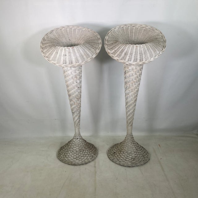 Mid Century White Wicker Floral Holders Trumpet Plant Stands-Pair of 2 which are in good shape and have slight paint loss...
