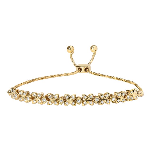 18K Yellow Gold Plated .925 Sterling Silver 1/4 Cttw Diamond Marquise Shaped Link 4"-10" Adjustable Bolo Bracelet (I-J Color, I1-I2 Clarity) For Sale