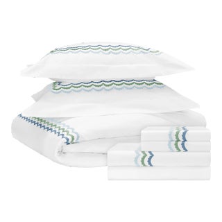 Celerie Kemble + Hamburg House Whimsical Blue & Green Scallop Twin Bedding Set For Sale