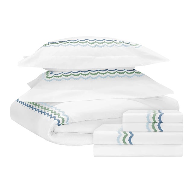 Celerie Kemble + Hamburg House Whimsical Blue & Green Scallop Twin Bedding Set For Sale