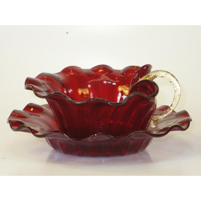 Art Nouveau Early 20th Century Desert Bowls Venetian Glass Deep Red Delicate Gold Gilding Likely Salviati Pair - Set of 4 For Sale - Image 3 of 15