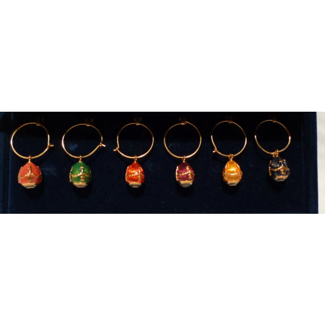 2000s Faberge Enamel Egg & Crystal Wine Glass Charms, Signed Tatiana Faberge - Set of 6 For Sale In San Francisco - Image 6 of 6
