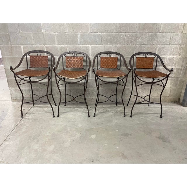Rustic Iron Horseshoe Back and Leather Barstools - Set of 4 For Sale - Image 3 of 4