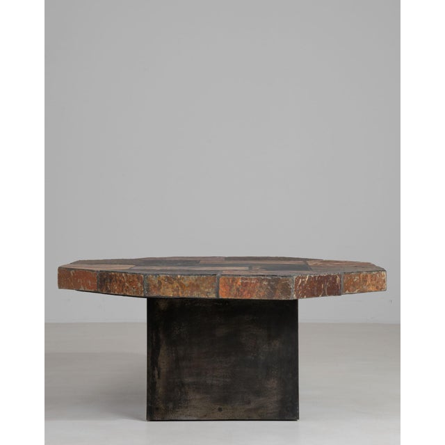 Octagonal Brutalist Slate Stone Table With Iron Base For Sale - Image 9 of 11
