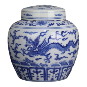 Early 20th Century Chinese Ceramic Tea Jar China Blue and White Porcelain Chenghua Tian Marked Jar Hand Painted Dragon and Phoenix Pattern