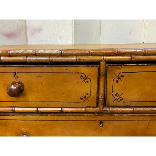 English 19th-C. English Carved & Painted Pine Faux Bamboo Tall Chest of Drawers For Sale - Image 3 of 9