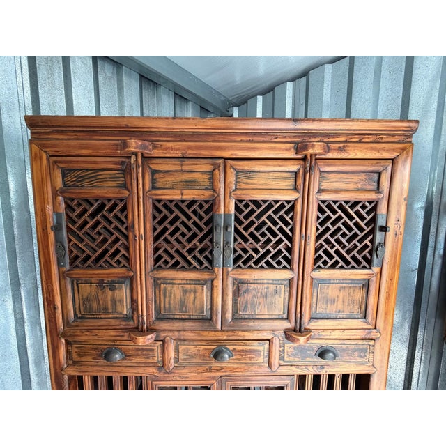 Wood Antique Chinese Kitchen Cabinet, Late 19th Century, Intricate Latticework For Sale - Image 7 of 8