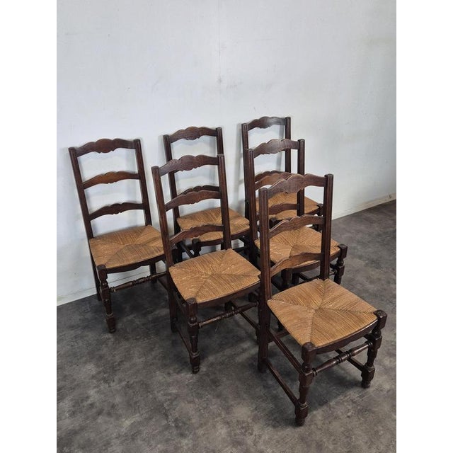 Straw-Seated Chairs with Slatted Oak Backs, Set of 6 For Sale - Image 6 of 7