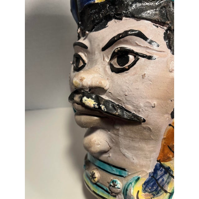 Circa 1950s Sicilian Majolica Moor Head Hand Made Ceramic Vase 10.5"h For Sale - Image 4 of 11