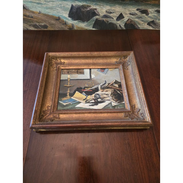 Cinnamon Antique Signed Painting Trompe l'Oeil Mischievous Cat For Sale - Image 8 of 9