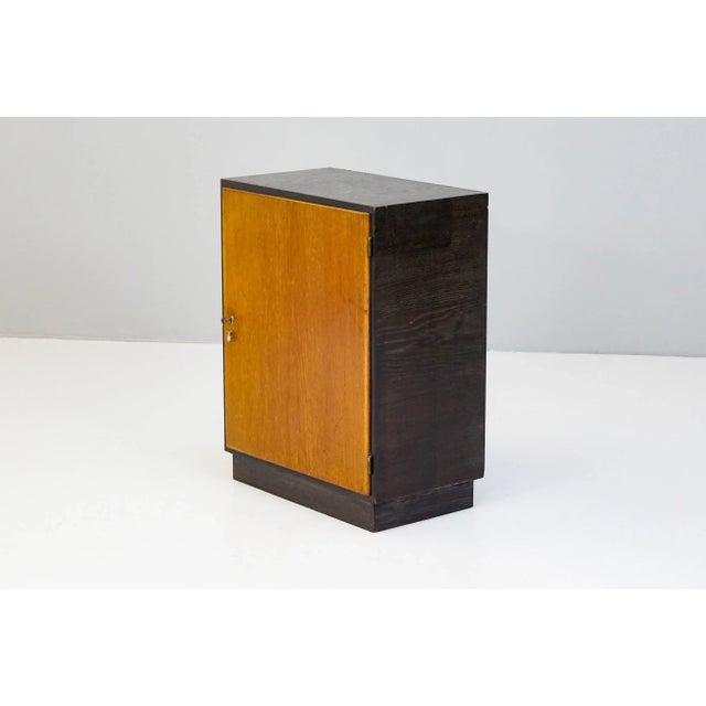 Ebonised and oak cupboard by Franz Schuster. Early twentieth century with original lock and key.