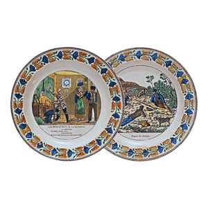 19th Century Creil Polychrome Transferware Plate French Faience Montereau Lebeuf - a Pair