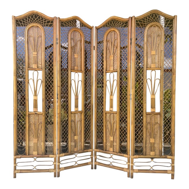1980's Four Panels, Rattan, Bamboo & Caning Room Divider For Sale