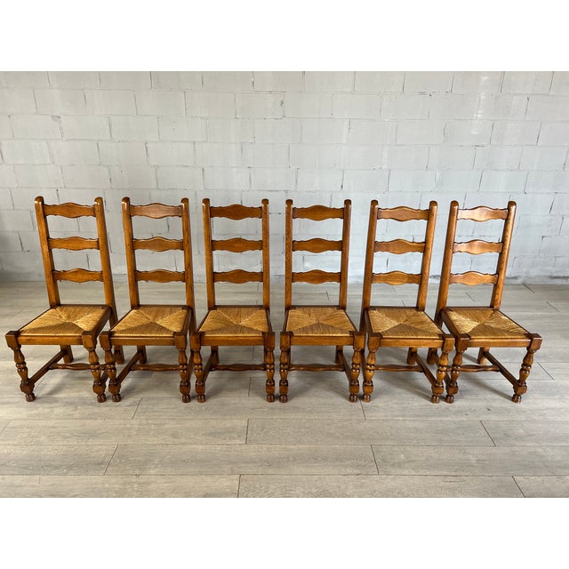 Vintage French Ladder Back Dining Chairs With Rush Woven Seats Set of
