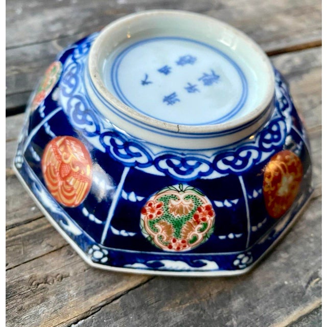 Ceramic Antique Japanese Imari Octagonal Porcelain Bowl, Cobalt Blue & Iron Red, Meiji Period For Sale - Image 7 of 9