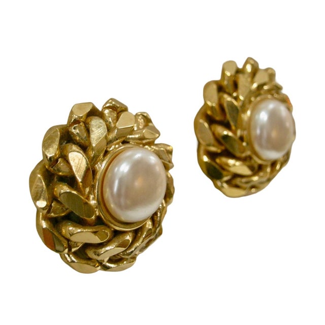 1980s gorgeous brilliant cut chain link glass pearl clip back earrings Attributed to "Givenchy" Unsigned From my private...