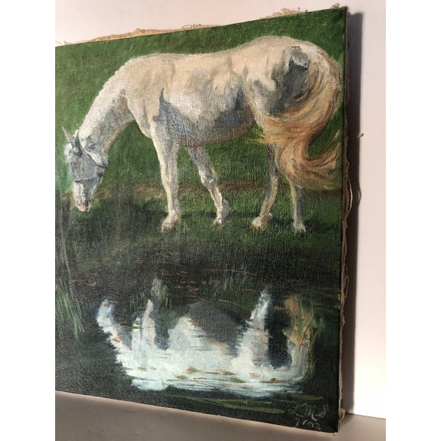 Vintage Hand Painted Oil on Canvas of A Horse In The Style of Katie Jo. Portrait of a white horse gracing and reflection...