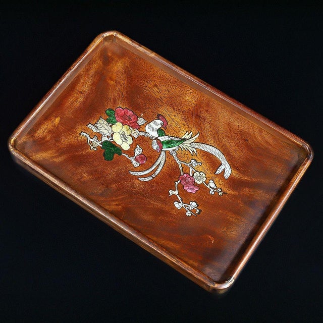 Vintage Chinese Rosewood Tray With Mother of Pearl Bird & Flower Inlay For Sale - Image 9 of 9