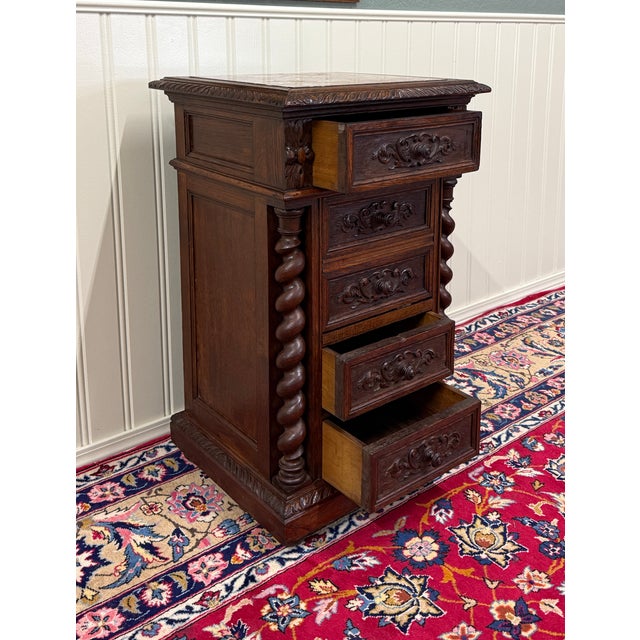 Antique French Marble Top Chest Side or End Table Nightstand Barley Twist Oak For Sale - Image 13 of 18