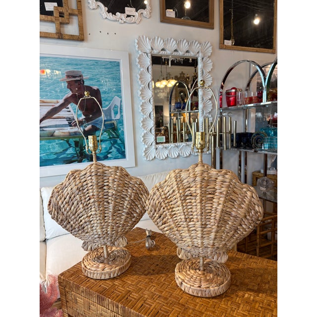 Tan Pair of Woven Grass Scalloped Clam Shell Seashell Beach Table Lamps Newly Wired For Sale - Image 8 of 12