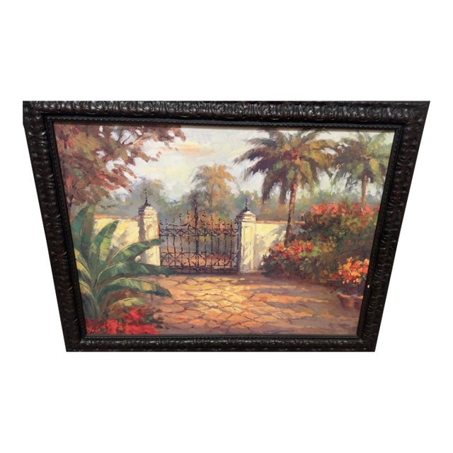 Mid 20th Century Framed Tropical Courtyard Oil Painting | Ornate Carved Wood Frame For Sale
