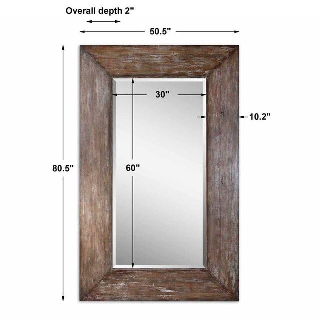 Generous 10" wide frame with antiqued hickory undertones, light gray wash and burnished distressing. Mirror has a generous...