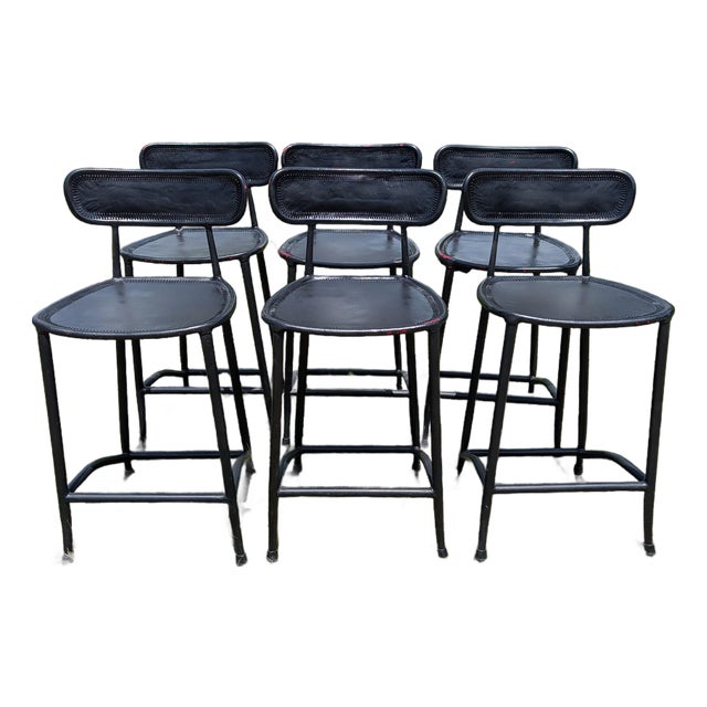 Vintage Set of 6 Black Leather Seats Bar Stools 1970s Mid Century Modern For Sale