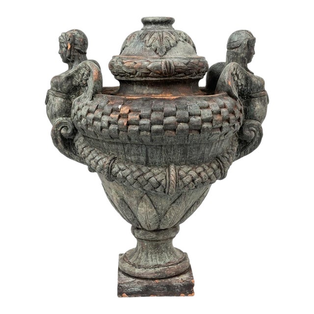 Monumental Neoclassical Terracotta Urn With Winged Sphinx Handles and Faux-Bronze Patina For Sale
