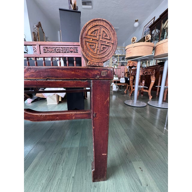 Red Antique Chinese Elm Daybed With Rattan Seat and Shou Bolster, Late Qing Dynasty For Sale - Image 8 of 12
