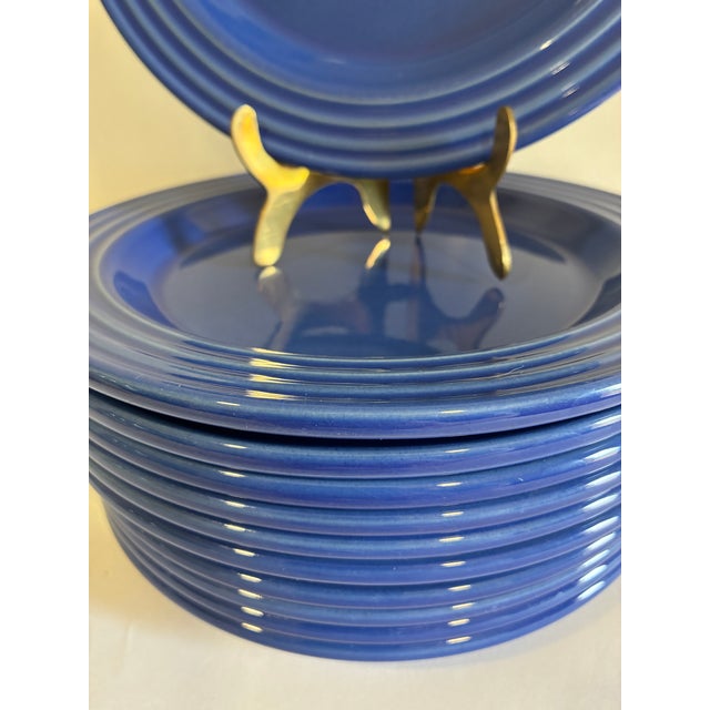 Blue Vintage Emile Henry France Cobalt Blue Ribbed Salad Plates, Set of 11 For Sale - Image 8 of 10