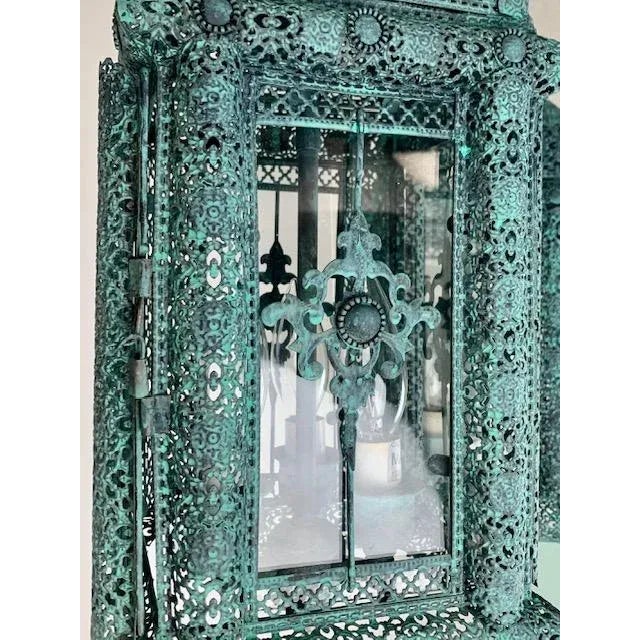 1950s Mediterranean Decorative Patina 3 Light Cluster Lanterns With Matching Chain and Canopy - Pair For Sale - Image 10 of 12