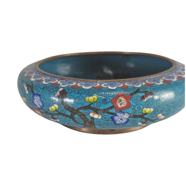 Chinese Chinese Cloisonné Lotus Tree Enamel Blue Bowl For Sale - Image 3 of 10