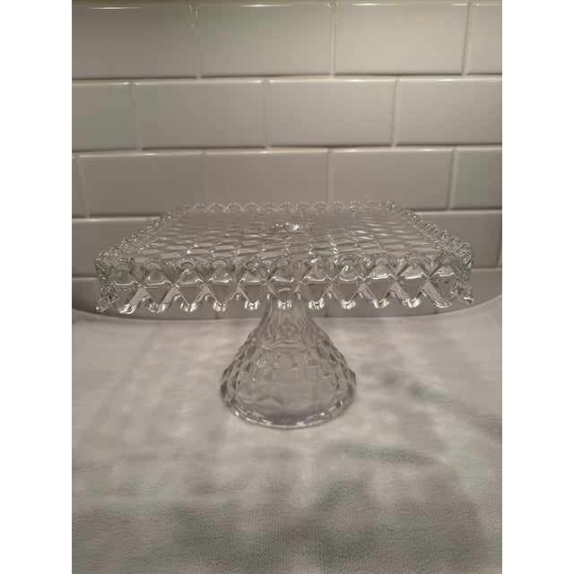 Fostoria Vintage Fostoria American Clear Cubist Glass Square Pedestal Cake Stand With Rum Well For Sale - Image 4 of 10