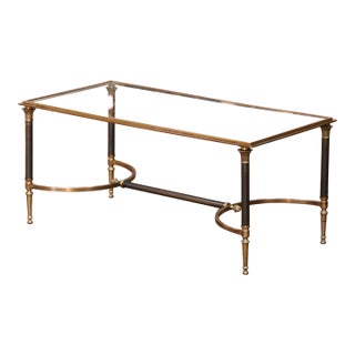 Mid-Century French Maison Jansen Brass and Steel Coffee Table With Glass Top For Sale